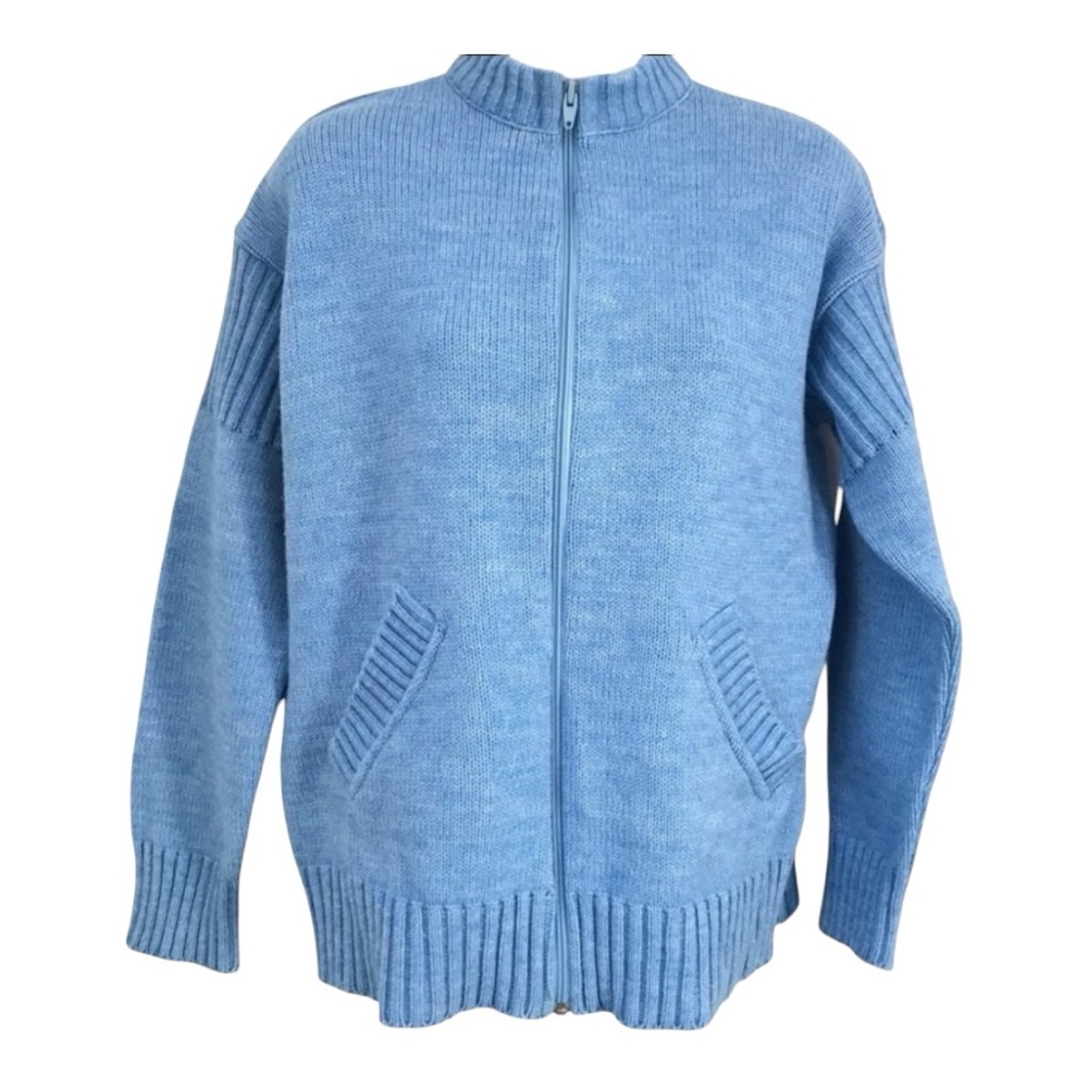 Cooper Blue Pastel Wool Blend Knit High Neck Zip Up Sweater Cardigan Women M